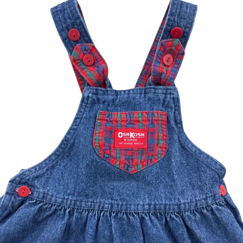 Vintage OshKosh B'gosh 2T Denim Jumper Dress Plaid‎ Bow USA Made Toddler Girl